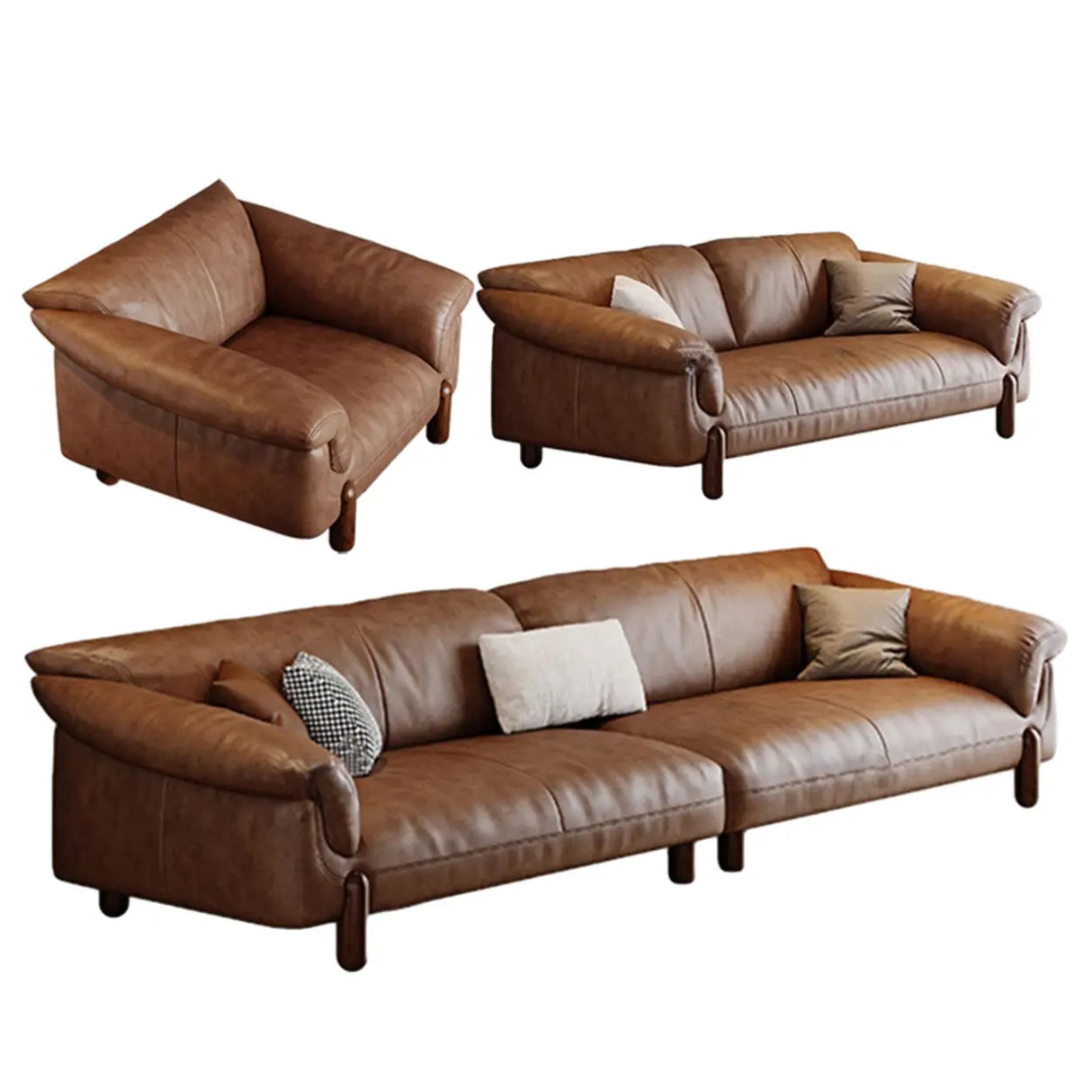 Compact Brown Flared Arm Leather Single Sofa with Legs Image - 17