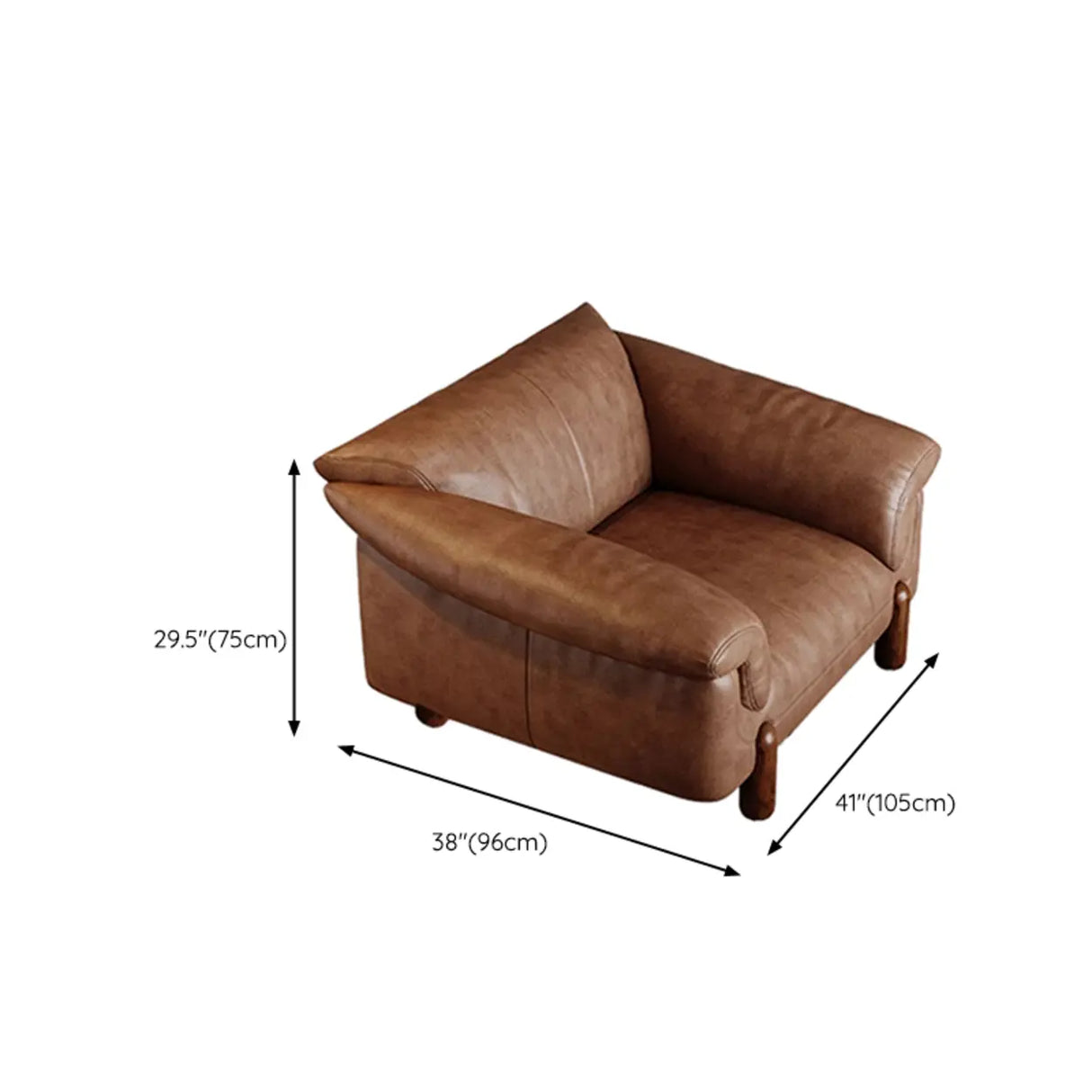 Compact Brown Flared Arm Leather Single Sofa with Legs 