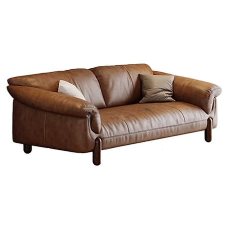 Compact Brown Flared Arm Leather Single Sofa with Legs Image - 2