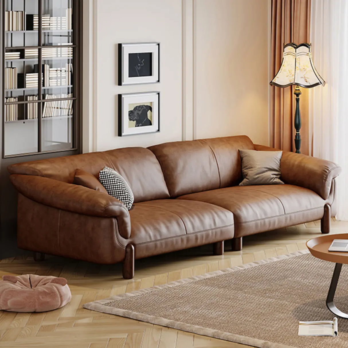 Compact Brown Flared Arm Leather Single Sofa with Legs Image - 6
