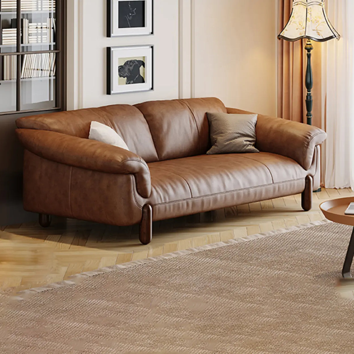 Compact Brown Flared Arm Leather Single Sofa with Legs Image - 7