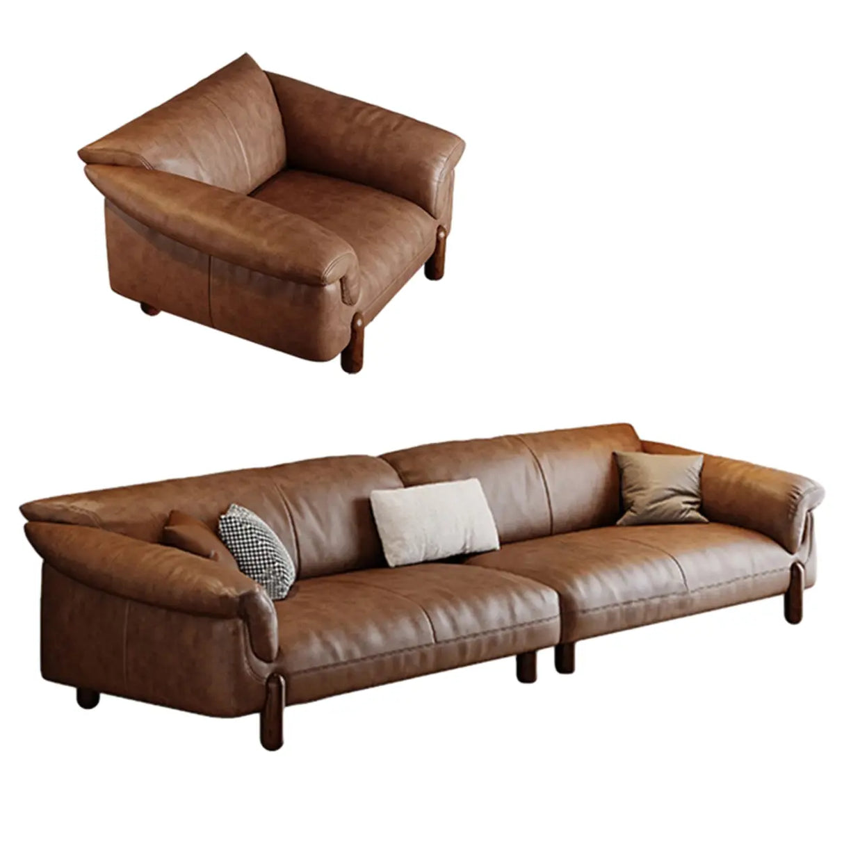 Compact Brown Flared Arm Leather Single Sofa with Legs Image - 8