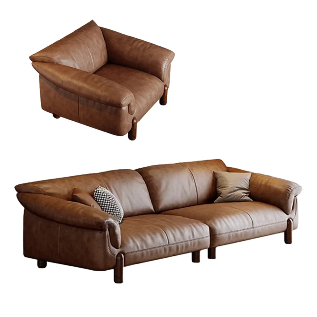Compact Brown Flared Arm Leather Single Sofa with Legs Image - 9