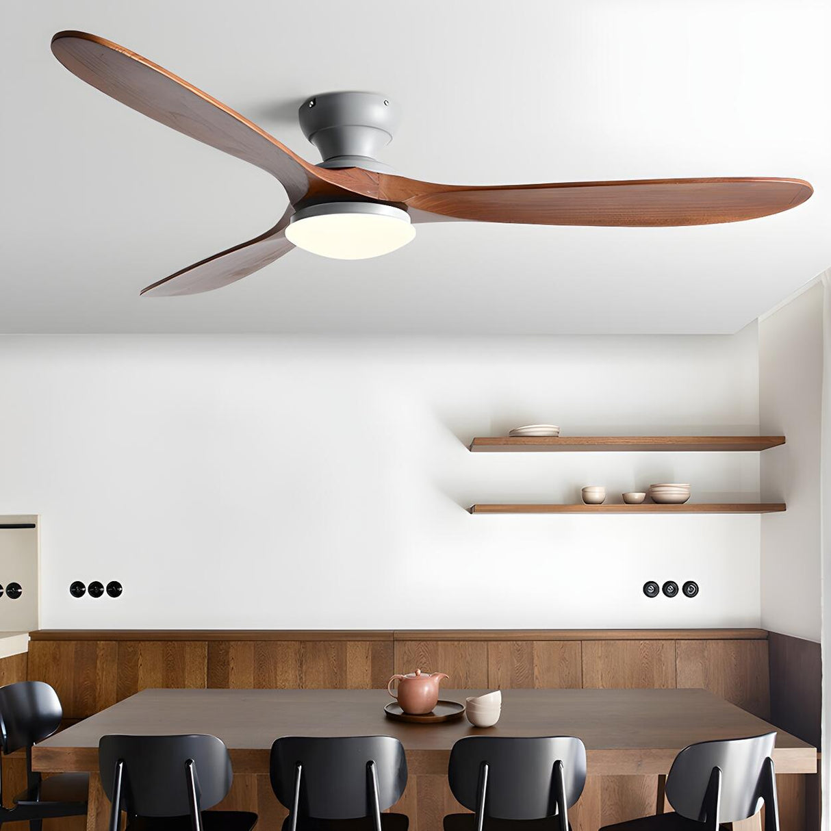 Contemporary 3 Solid Wood Blades Ceiling Fan with Light Image - 1