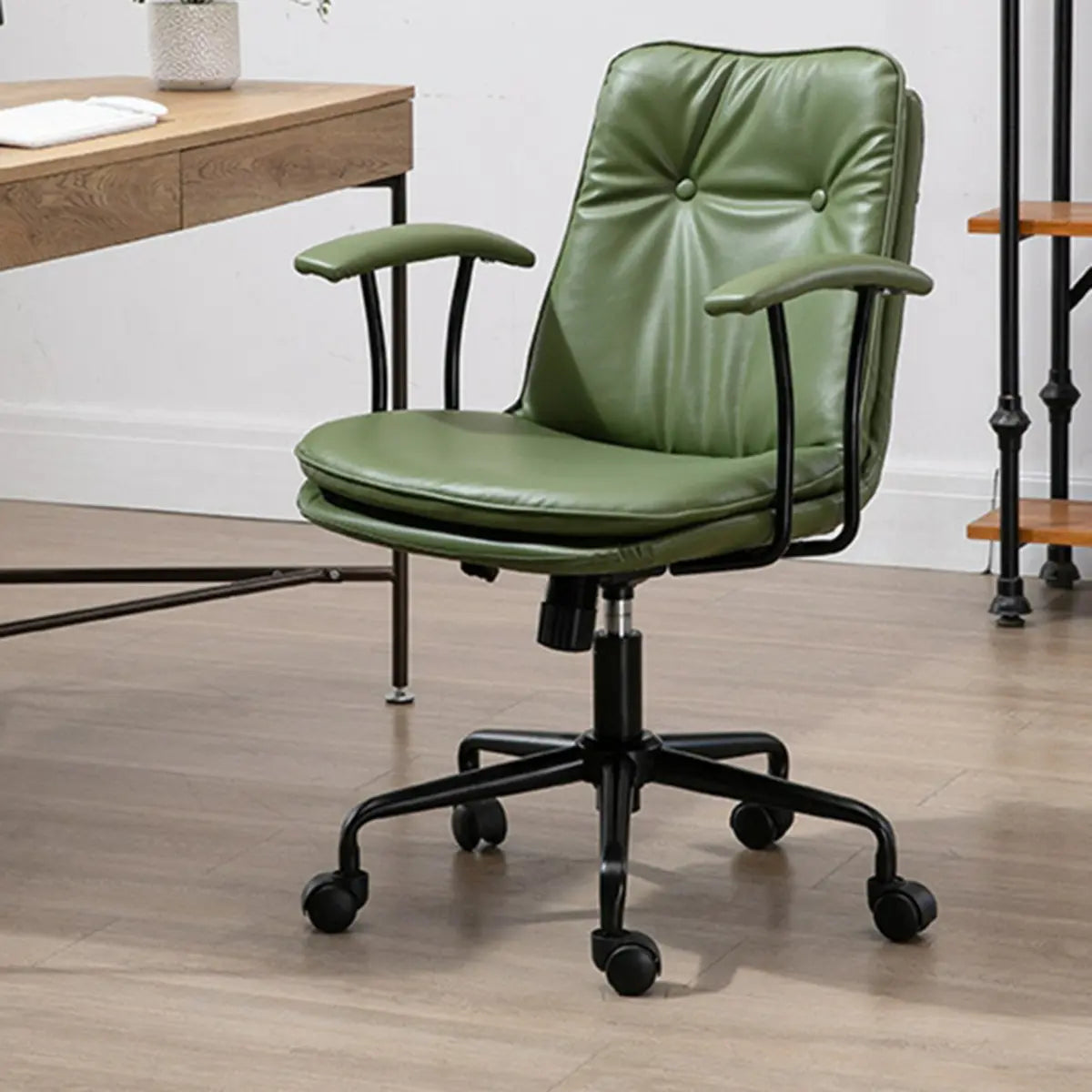 Contemporary Beige Leather Tufted Adjustable Office Chair Image - 7