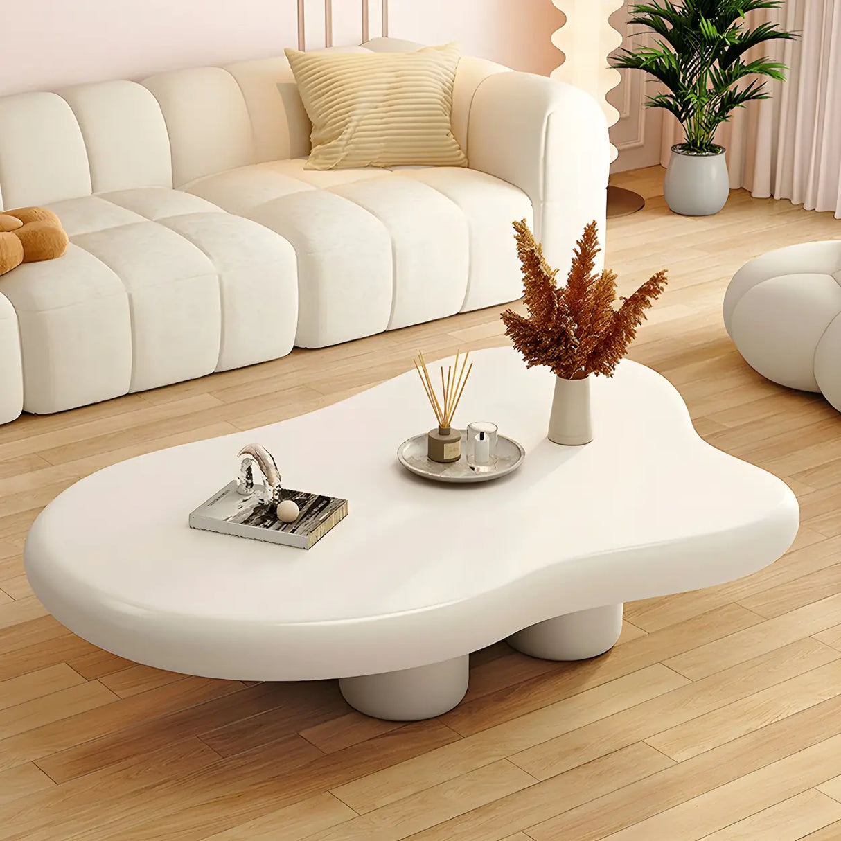 Contemporary Beige Wooden Freeform Shape Coffee Table Image - 4