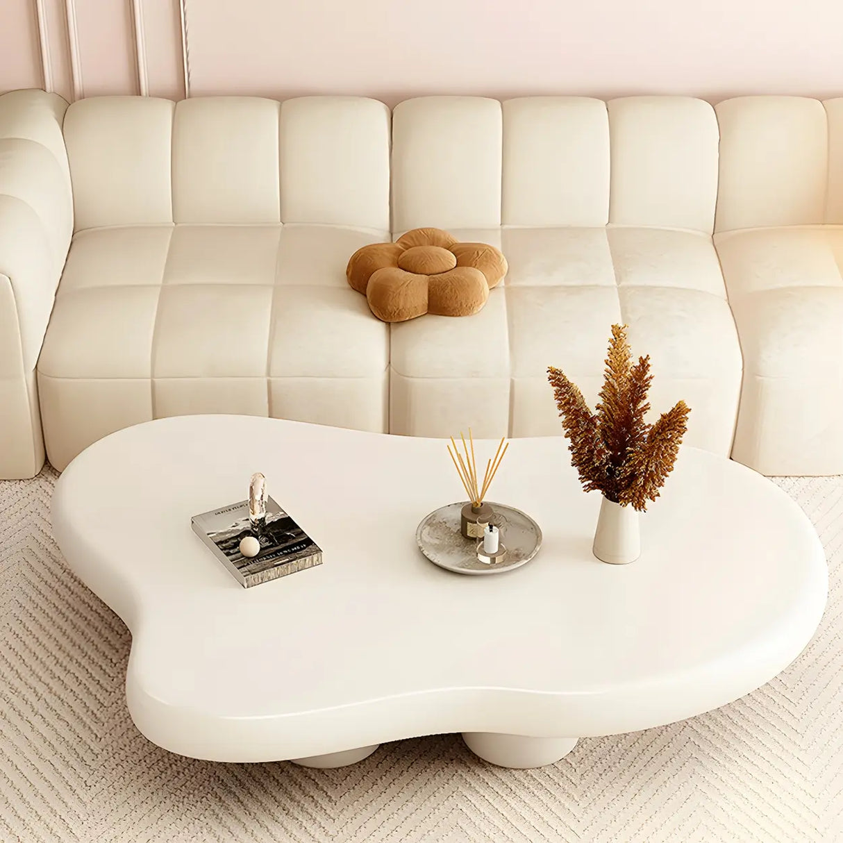 Contemporary Beige Wooden Freeform Shape Coffee Table Image - 5