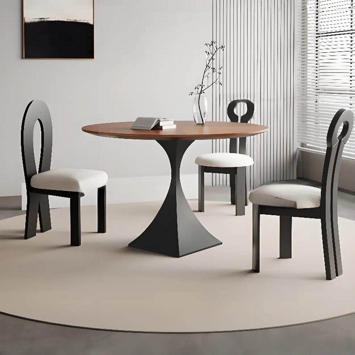 Contemporary Black Metal Base Round Wood Top Dining Table Image - 1