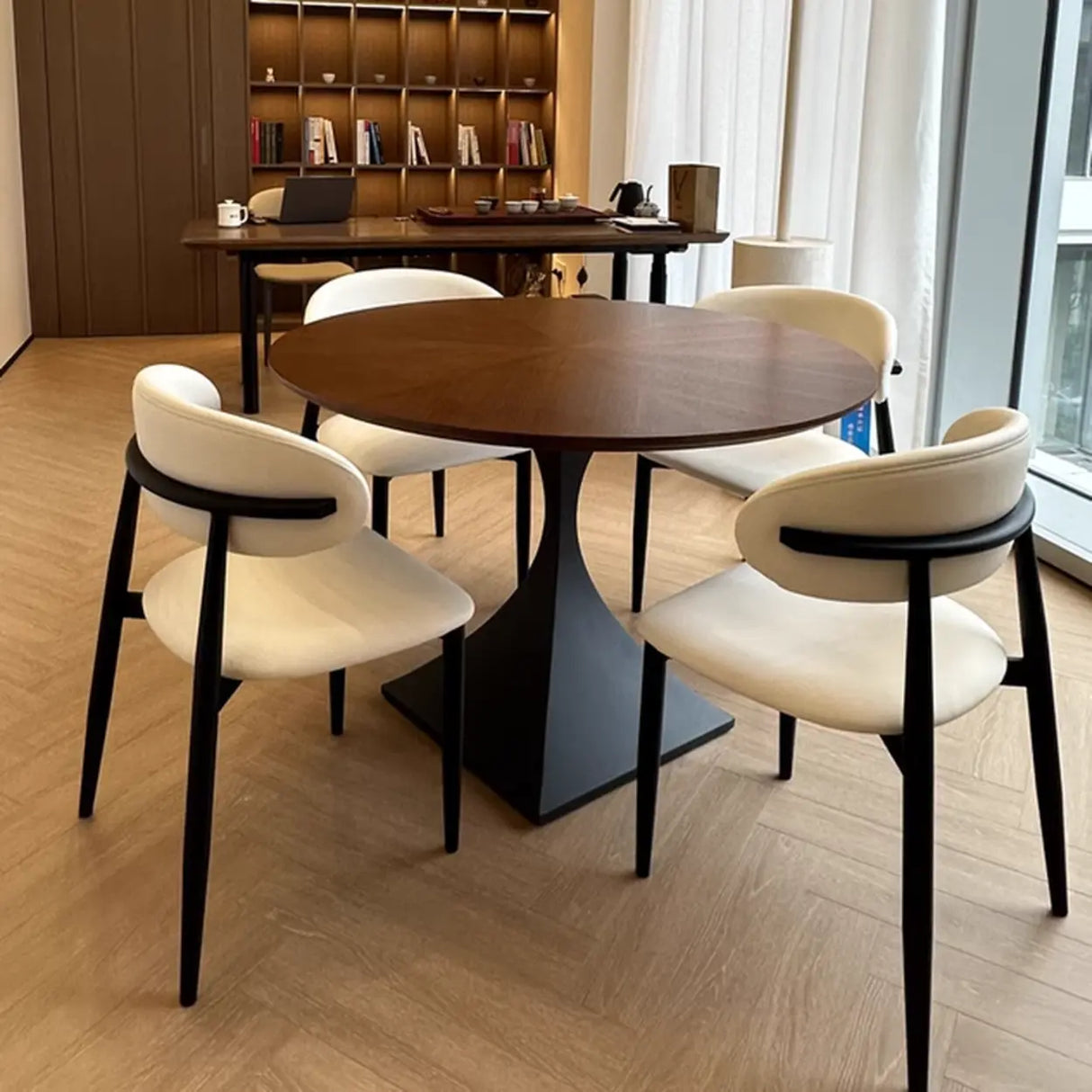 Contemporary Black Metal Base Round Wood Top Dining Table Image - 4