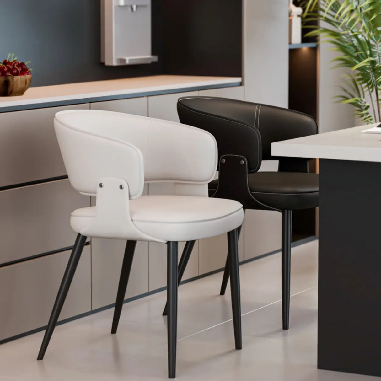 Contemporary Brown Leather Open Back Dining Chair With Arms Image - 6