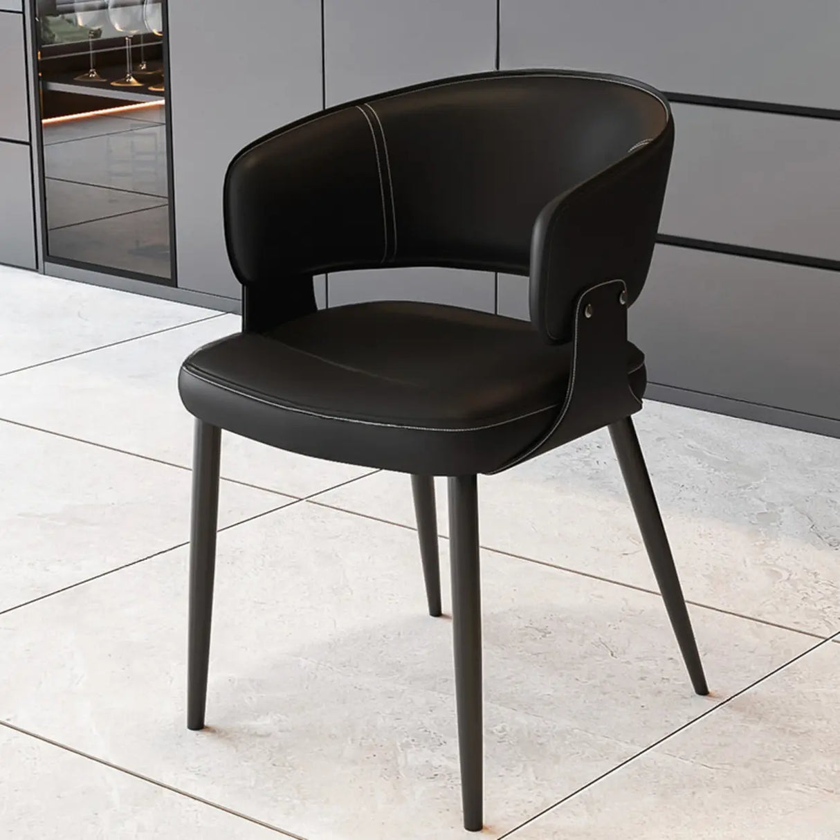 Contemporary Brown Leather Open Back Dining Chair With Arms Image - 7
