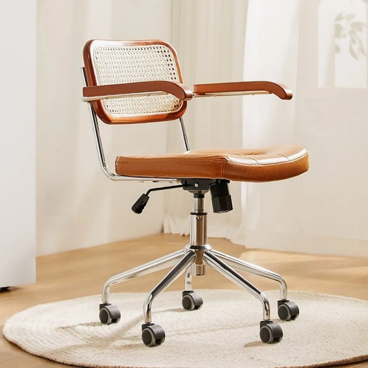 Contemporary Brown Leather Swivel Ergonomic Office Chair Image - 3
