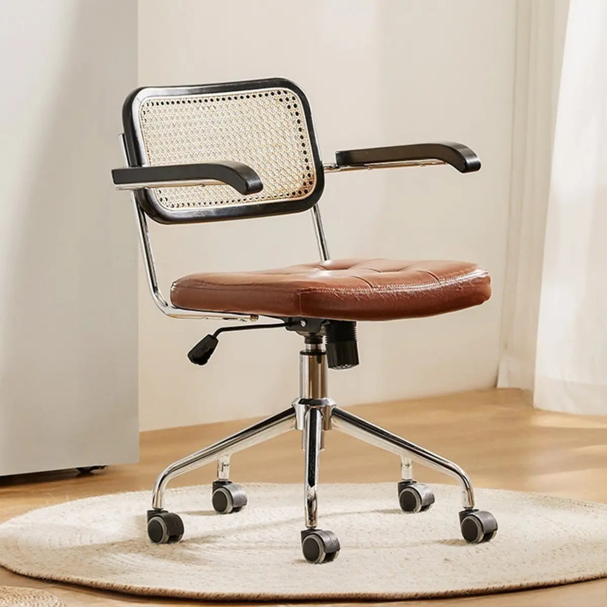 Contemporary Brown Leather Swivel Ergonomic Office Chair Image - 4