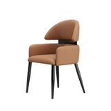 Contemporary Brown Leather Upholstered Armrest Dining Chair Image - 3