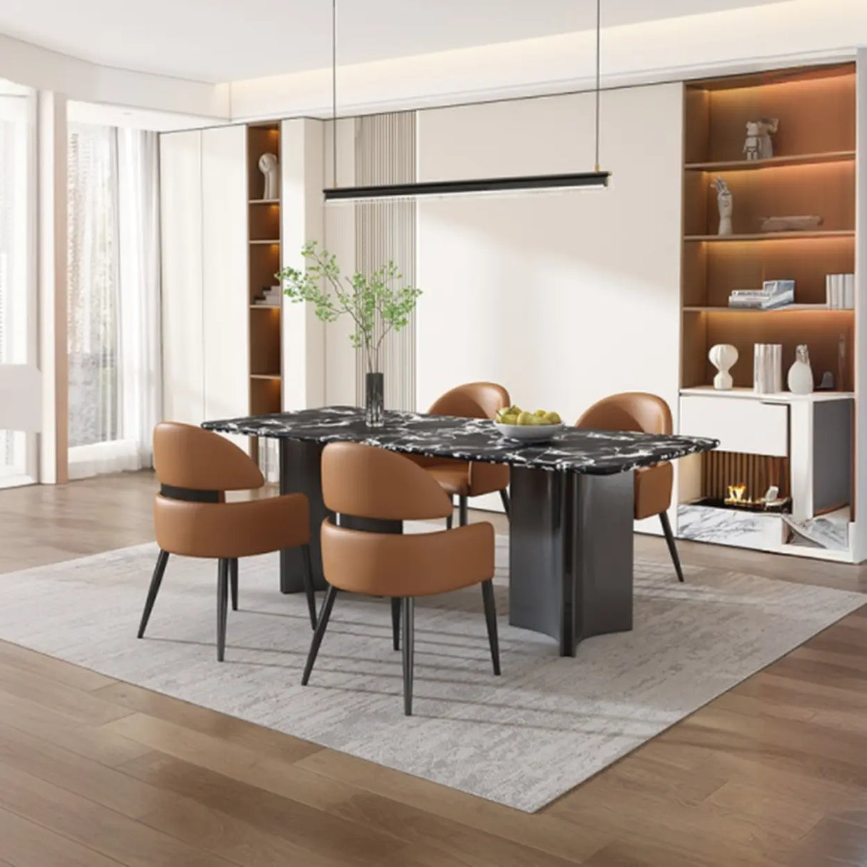 Contemporary Brown Leather Upholstered Armrest Dining Chair Image - 6