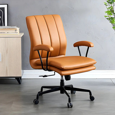 Contemporary Brown Swivel Leather Office Chair with Wheels Image - 1