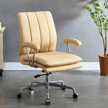 Contemporary Brown Swivel Leather Office Chair with Wheels Image - 2