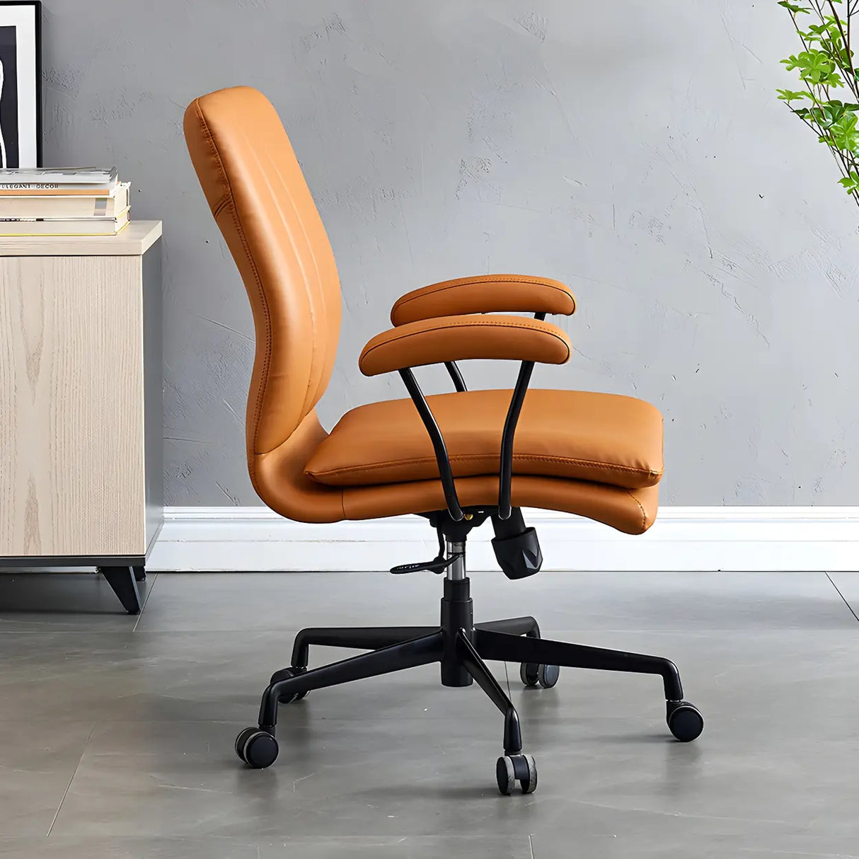 Contemporary Brown Swivel Leather Office Chair with Wheels Image - 4
