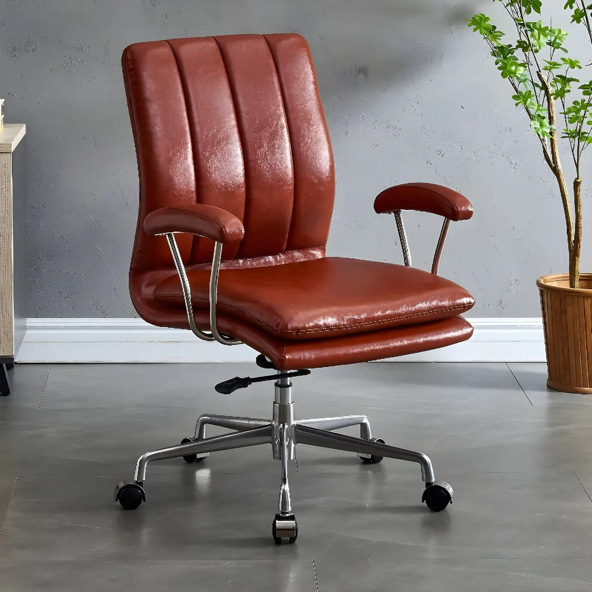 Contemporary Brown Swivel Leather Office Chair with Wheels Image - 6