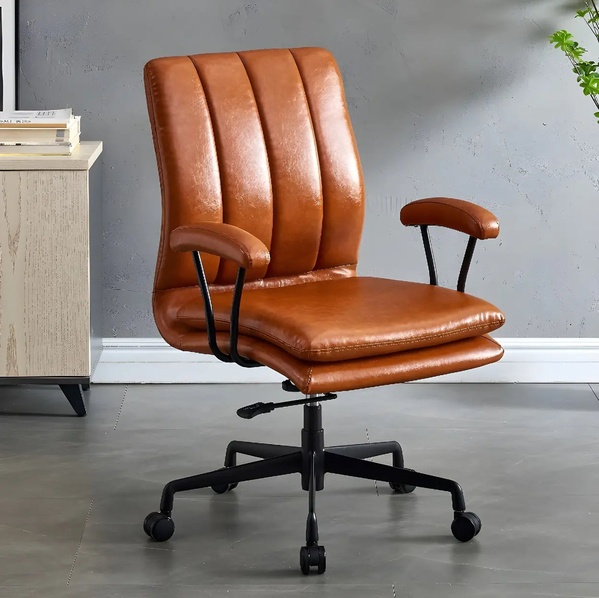 Contemporary Brown Swivel Leather Office Chair with Wheels Image - 8