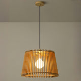 Contemporary Cast Iron Wooden Slatted Pendant Light Image - 8