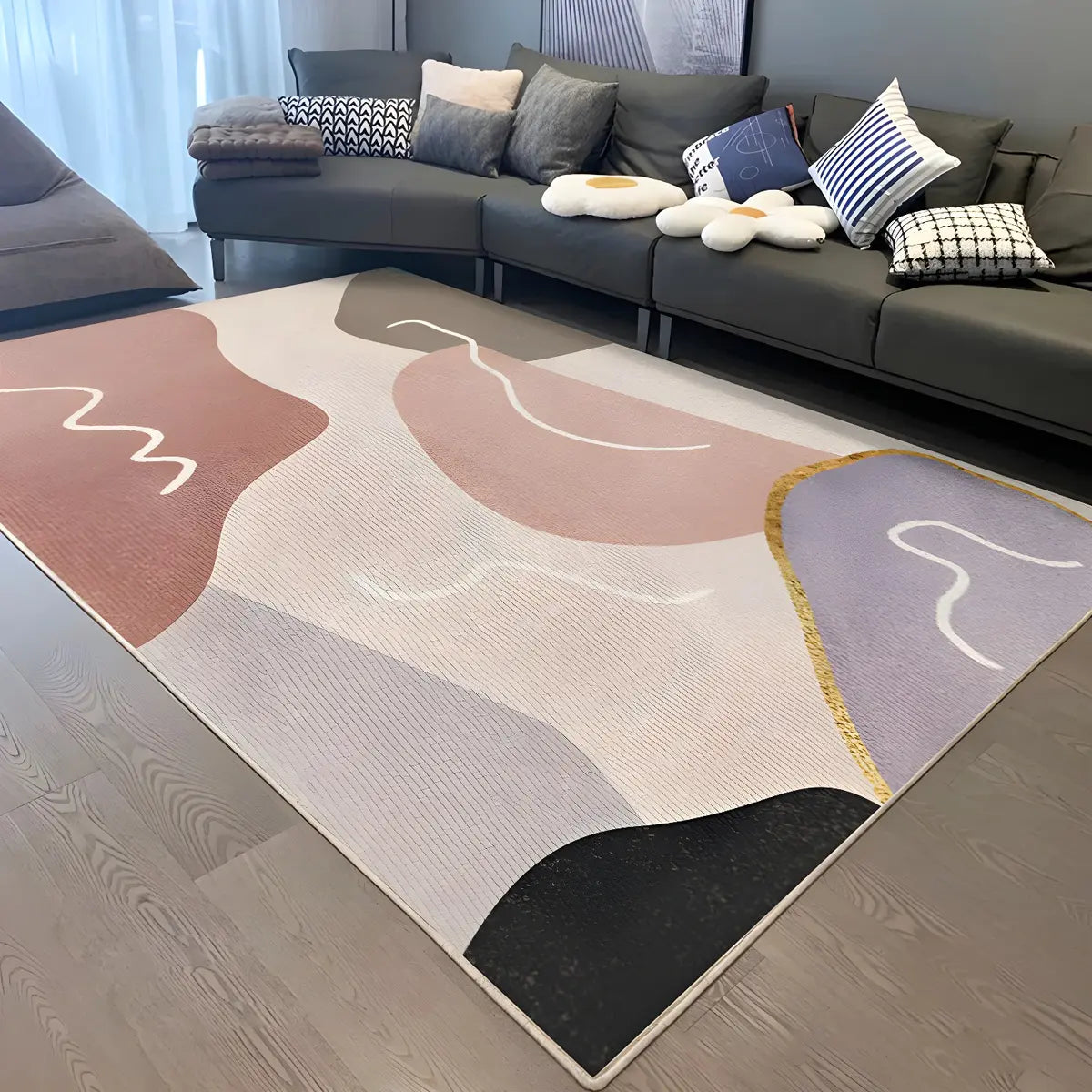 Contemporary Color Block Polyester Morandi Area Rug Image - 3