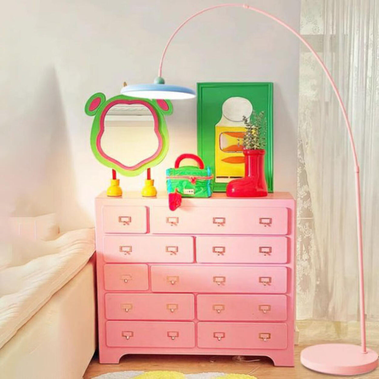 Contemporary Colorful Disc Metal Arched Floor Lamp Image - 8
