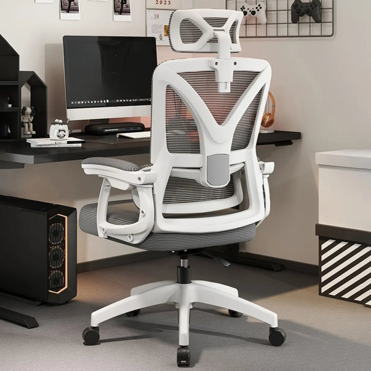 Contemporary Ergonomic Home Swivel White Mesh Office Chair Image - 15