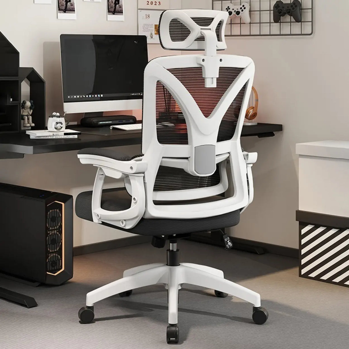 Contemporary Ergonomic Home Swivel White Mesh Office Chair Image - 9