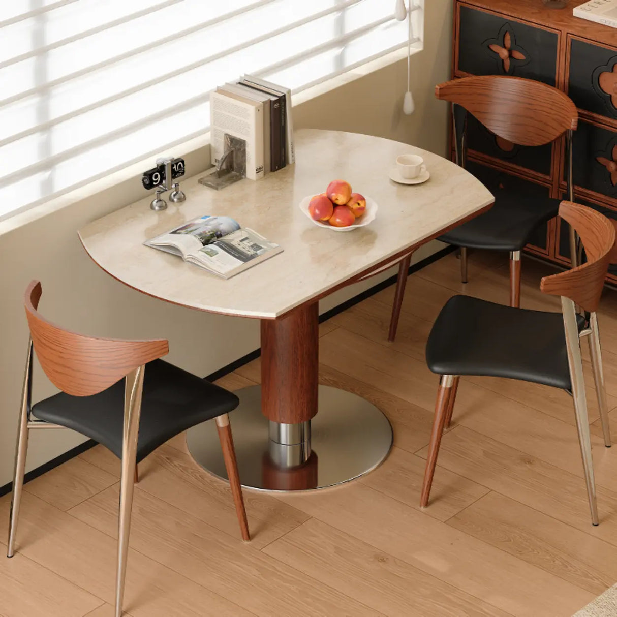 Contemporary Extendable Stone Round Top Metal Base Dining Table Image - 1