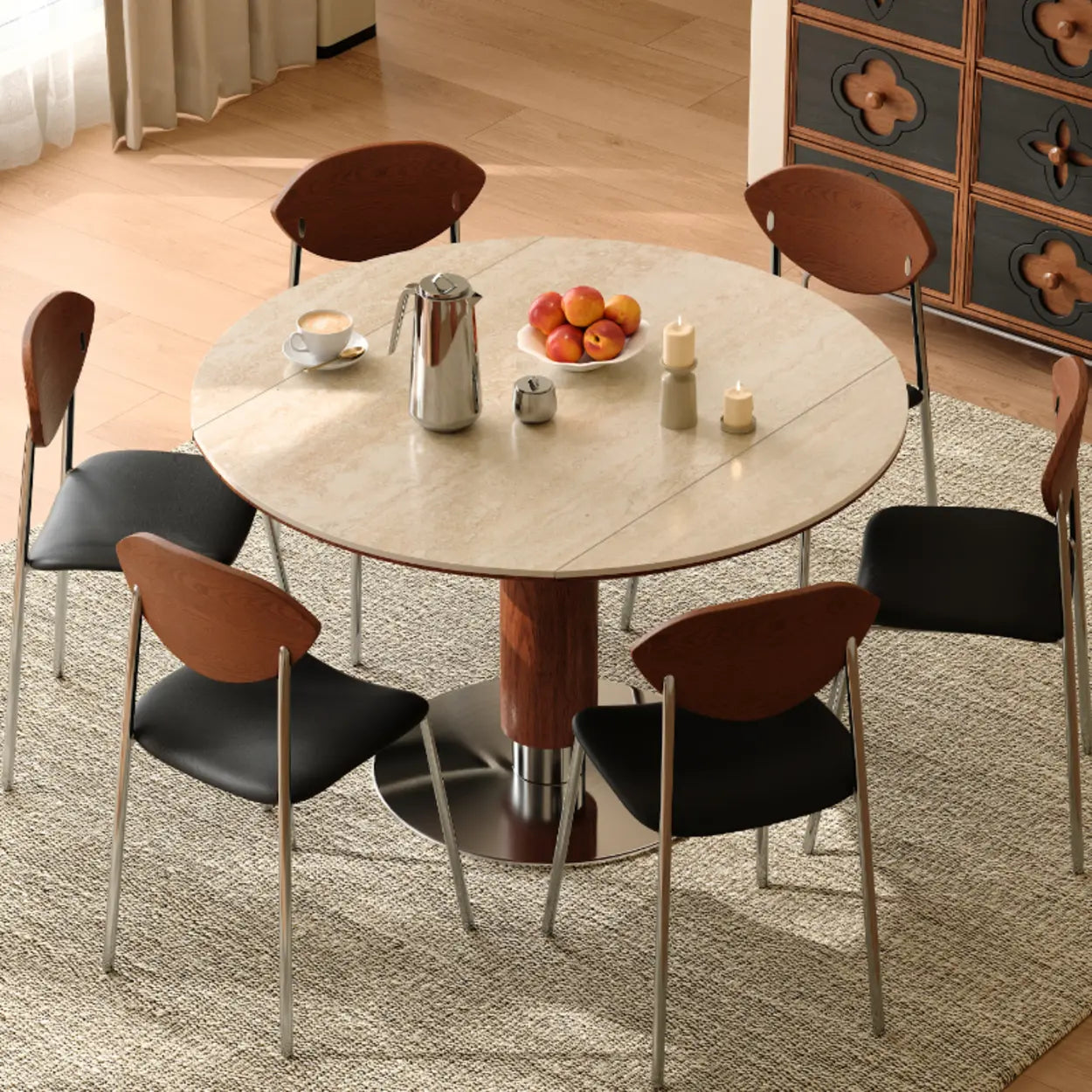 Contemporary Extendable Stone Round Top Metal Base Dining Table Image - 4