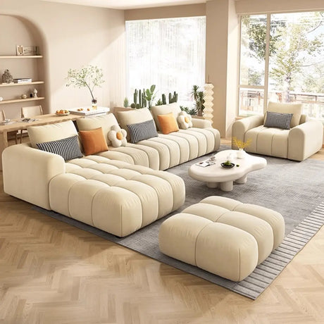 Contemporary Fabric L-Shape Beige Stationary Large Sofa Set Image - 1