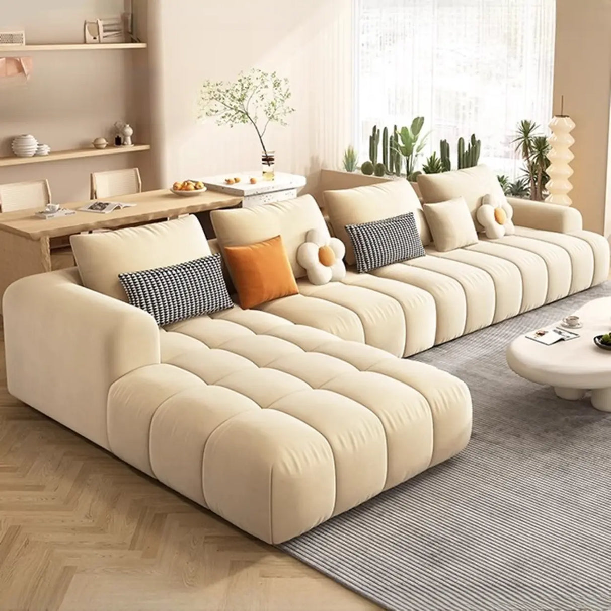 Contemporary Fabric L-Shape Beige Stationary Large Sofa Set Image - 4