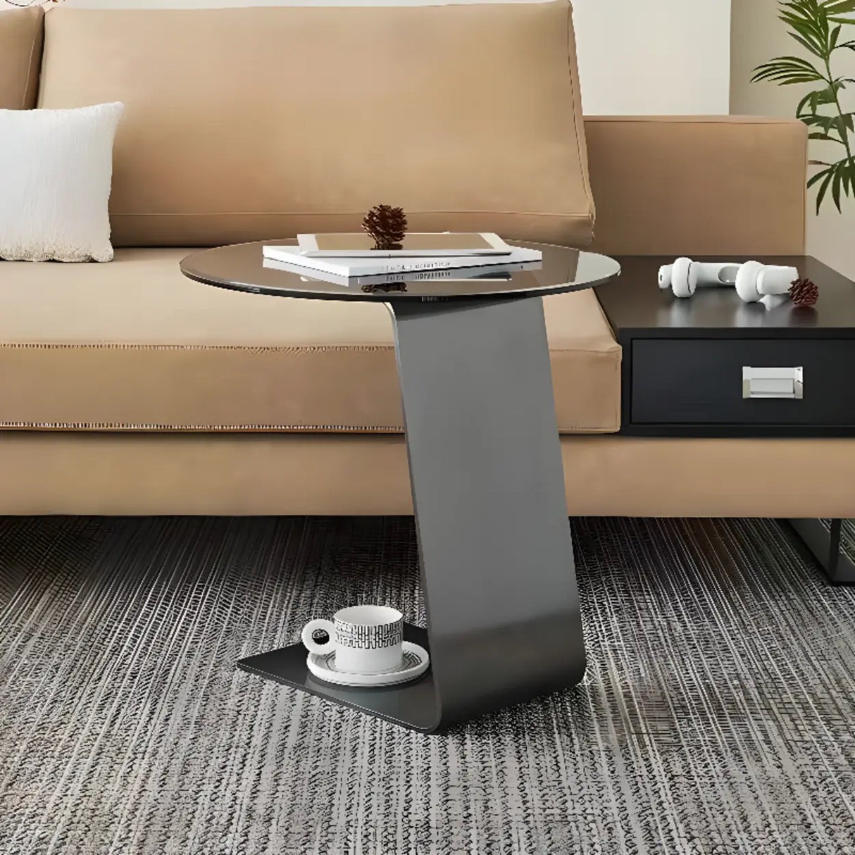 Contemporary Glass Black Circular Steel Base Side Table Image - 8
