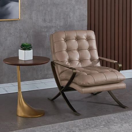 Contemporary Gold Base Round Walnut Wood Side Table Image - 1