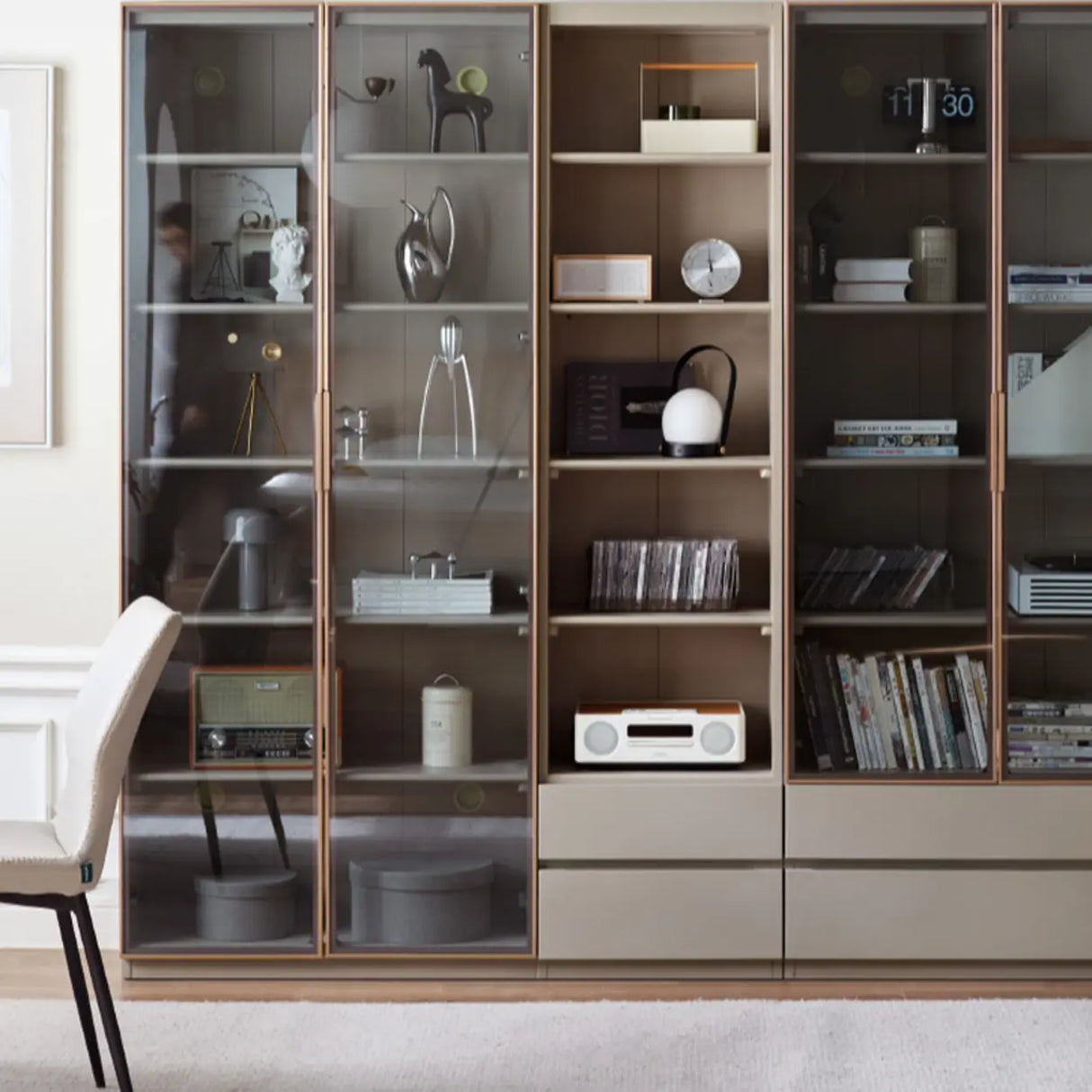 Contemporary Grey Vertical Glass Doors Timber Bookcase Image - 4