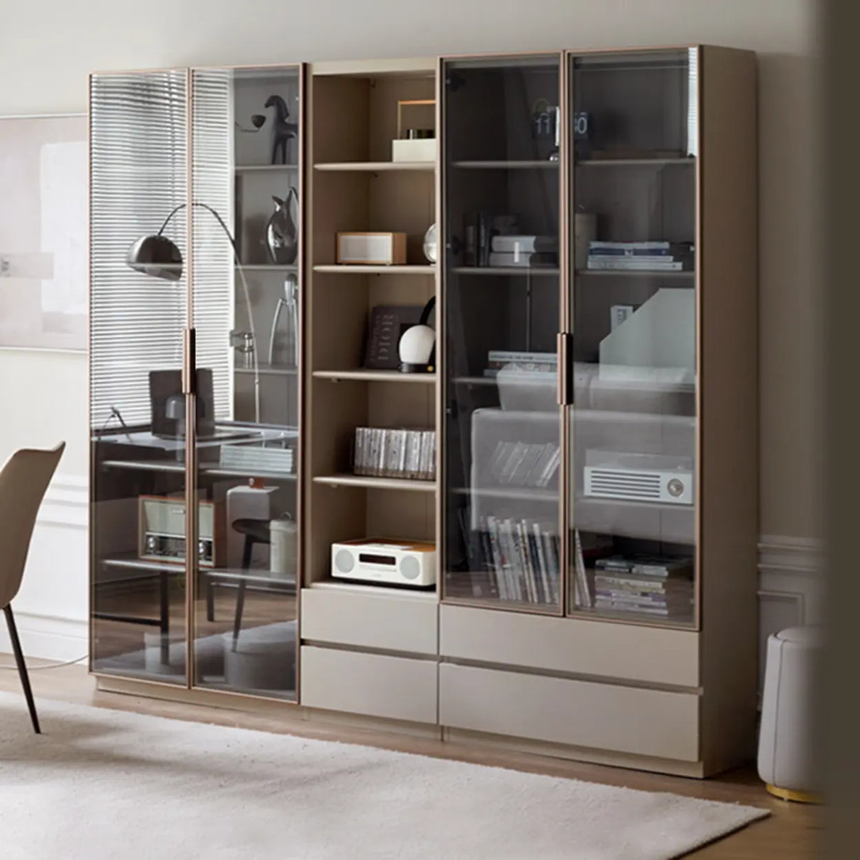 Contemporary Grey Vertical Glass Doors Timber Bookcase Image - 6