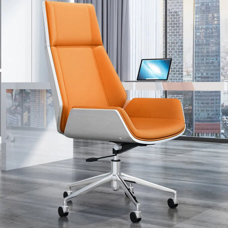 Contemporary High-Back Leather Swivel Orange Task Chair Image - 1