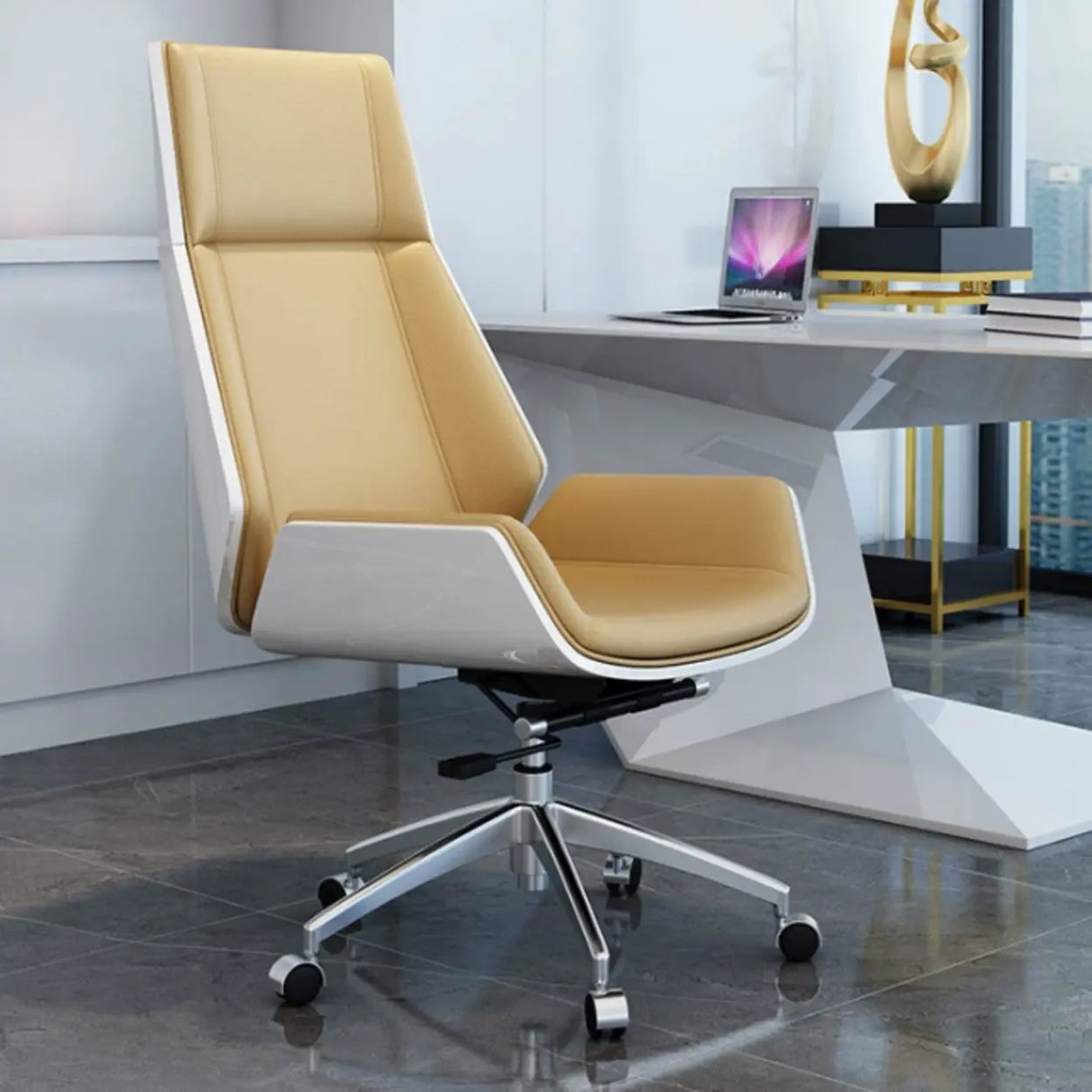 Contemporary High-Back Leather Swivel Orange Task Chair Image - 3