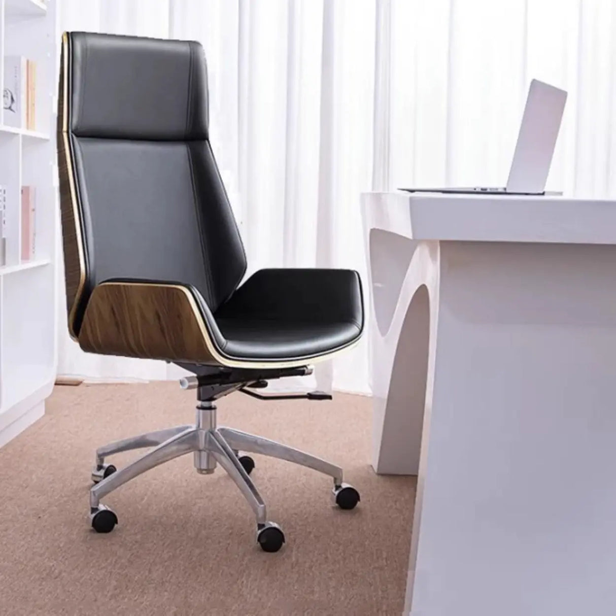 Contemporary High-Back Leather Swivel Orange Task Chair Image - 5