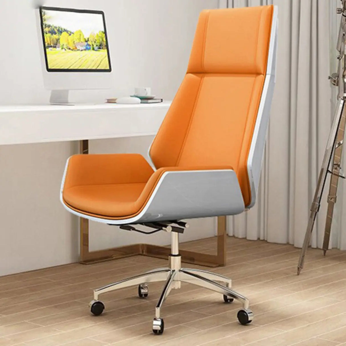 Contemporary High-Back Leather Swivel Orange Task Chair Image - 8