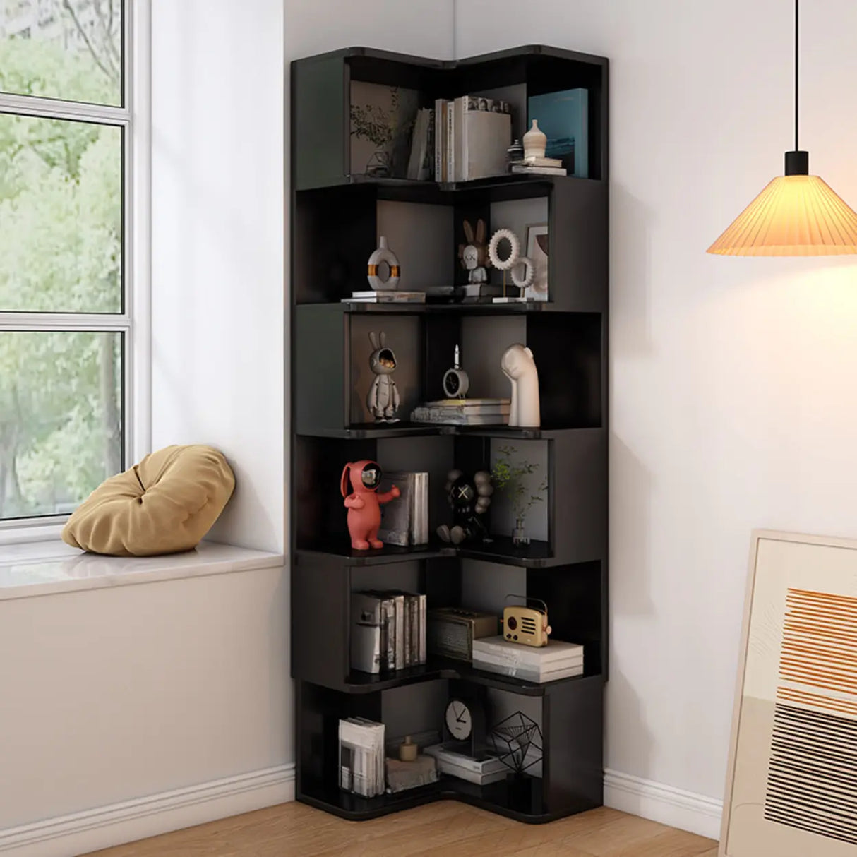 Contemporary L-Shaped Wood Corner Display Bookcase Image - 3