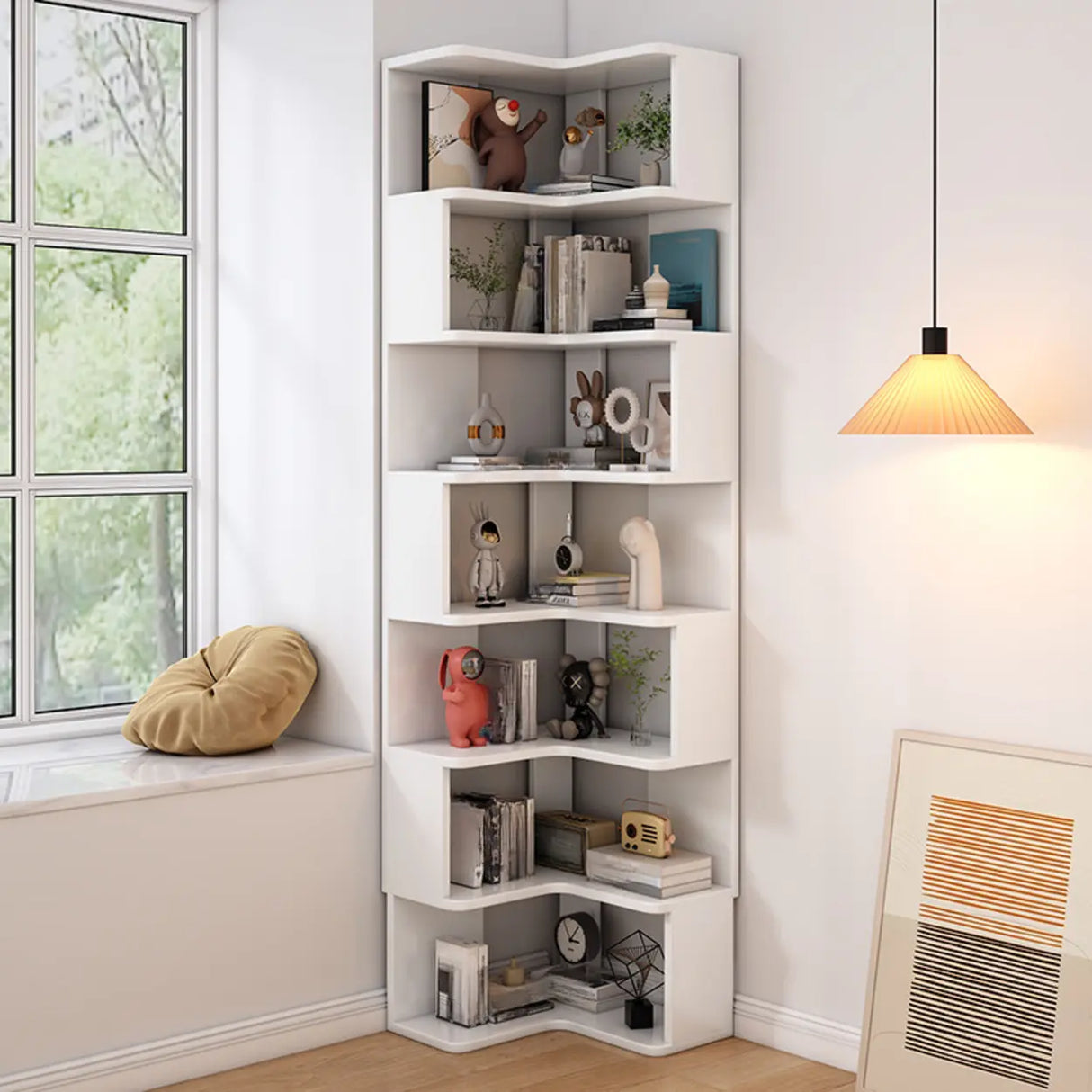 Contemporary L-Shaped Wood Corner Display Bookcase Image - 30