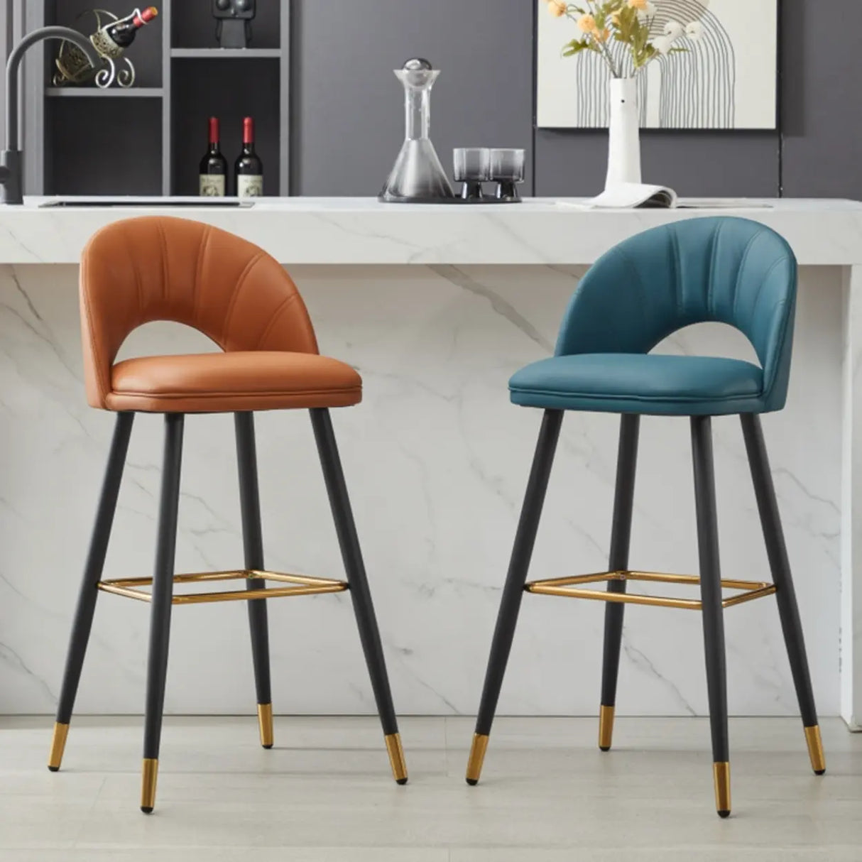 Contemporary Leather Curved Back Bar Stool with Metal Legs Image - 6