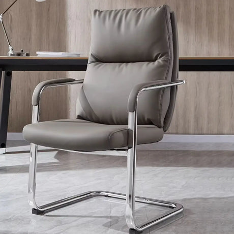 Contemporary Leather Grey Office Chair with Fixed Arms Image - 1
