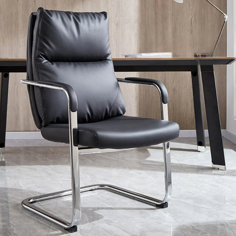 Contemporary Leather Grey Office Chair with Fixed Arms Image - 2