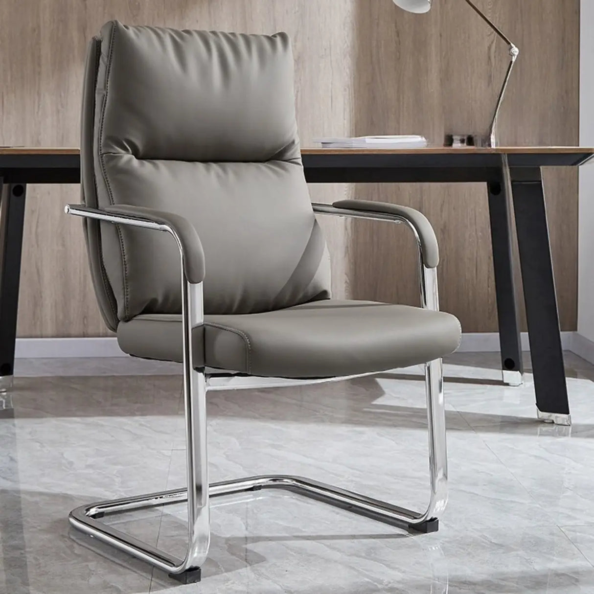 Contemporary Leather Grey Office Chair with Fixed Arms Image - 3