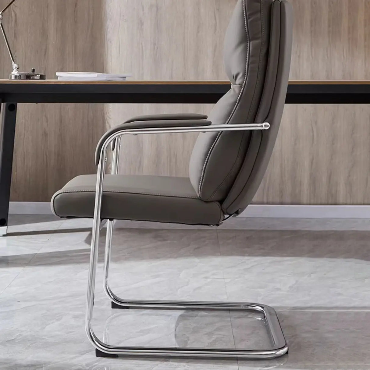 Contemporary Leather Grey Office Chair with Fixed Arms Image - 4