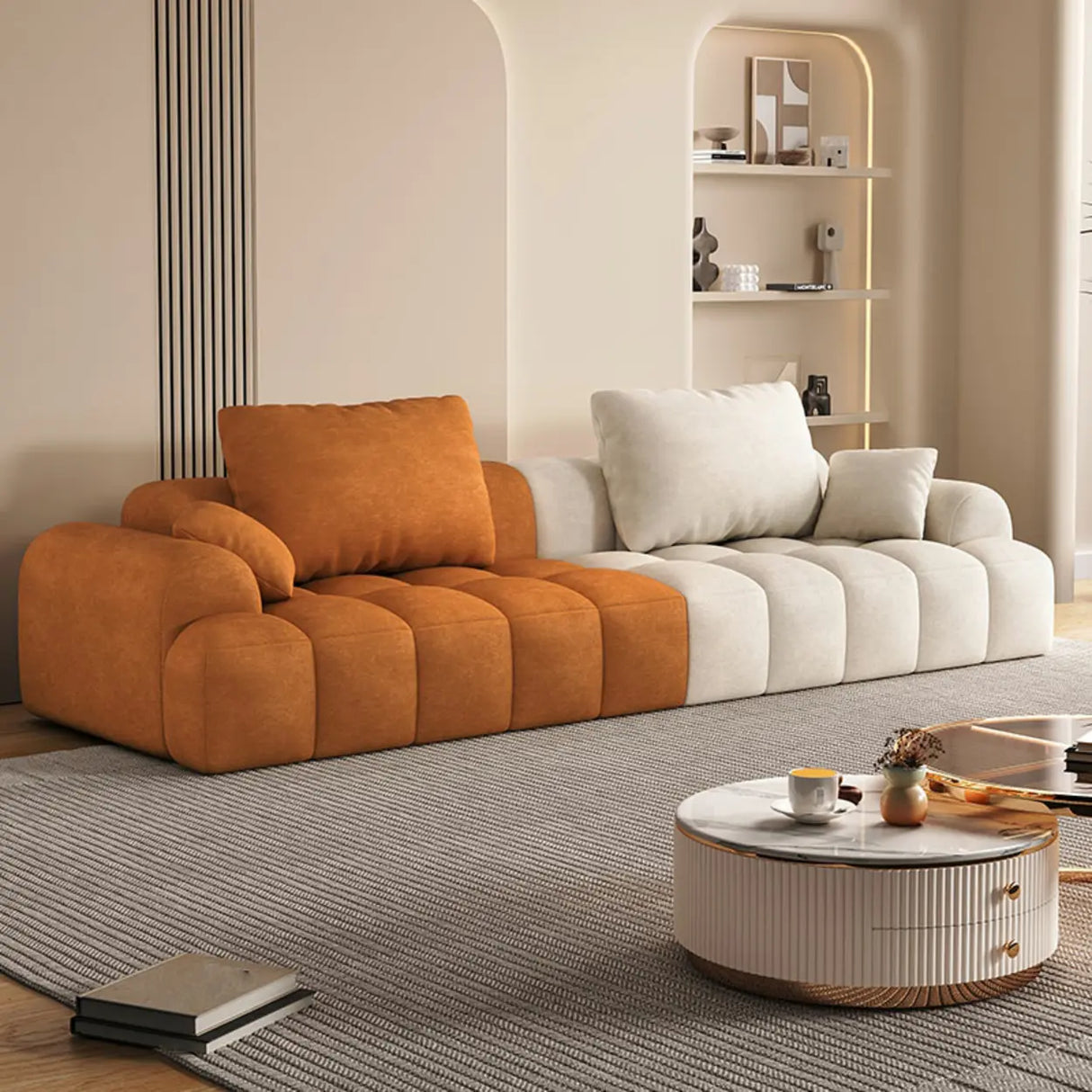 Contemporary Long Curved Fabric Standard Beige Sofa Image - 14