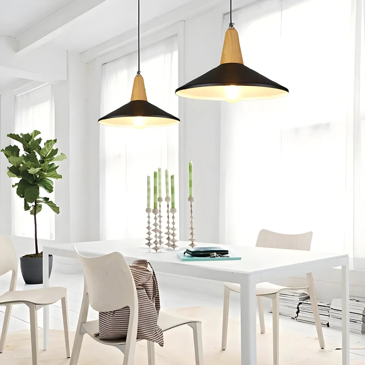 Contemporary Nordic Cone Wood Study Black Pendant Light Image - 1